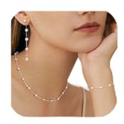 LOLIAS Conjunto de Perlas Mujer con Collar Gargantilla Ajustable y Aretes Colgantes Delicados - Joyas Oro 14K para Bodas