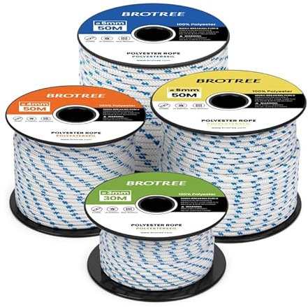 Brotree Cuerda Poliéster 3mm x 30m Blanco/Azul en Rollo - Cordón Trenzado Cuerda Multiusos para Exterior, Amarre, Nautica, Driza - 200KG Carga de Rotura