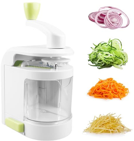 Affettatrice a spirale per verdure, 4 in 1, a manovella, con fondo antiscivolo, affettatrice per verdure con contenitore, per carota, cetriolo, patate, zucca (verde e bianco)