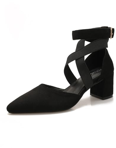 QiBusLeen Pointed Toe Ankle Strap Dress Heels for Women Closed Toe Suede D'Orsay Shoes Women's Low Chunky Pumps with Cross Elastic Straps for Wedding Party Dating 2.4 Inch Heels Black