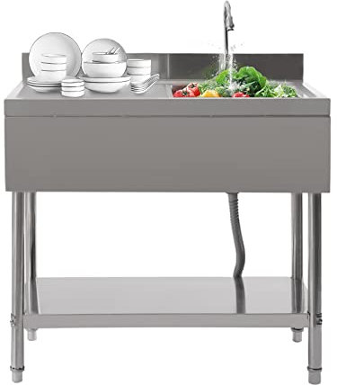 HuKaiL Freistehende Edelstahl Spültisch, Küchenspüle Spülenschrank mit Armatur und 10cm Spritzschutz, Gewerbliche Spülbecken Komplettspüle mit 300kg Tragkraft für Küche, Wäsche, Garage, 100*60*80cm