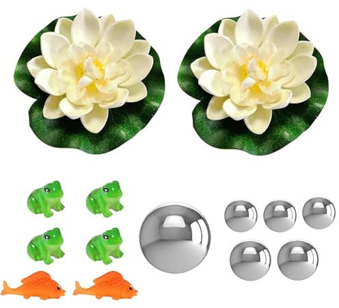 JINJUMEI Set di Decorazioni per Laghetti da Giardino, 4 Mini Rane, 2 Carpe Koi, 2 Fiori galleggianti per laghetti e 6 Palline da Nuoto per laghetti da terrazzo, laghetti, fontane solari da Giardino
