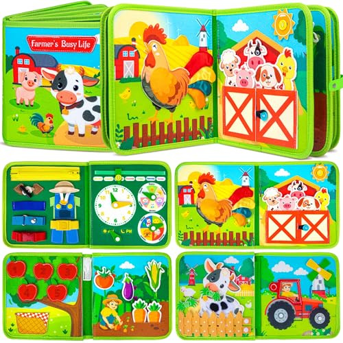 Quanquer Busy Book for Toddlers 1 2 3 - Montessori Toys Farm Busy Board for 1 Year Old Boy Girl Birthday Gift Toys - Interactive Activity Books for Baby - Plane Car Travel Toys with Gift Box