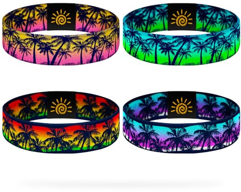 CHEMUSE 4 Pcs Surfer Beach Bracelets for Men Women Inspirational Elastic Comfy Summer Reversible Wristband Gifts-Sunset Coconut Trees Friendship Bracelets