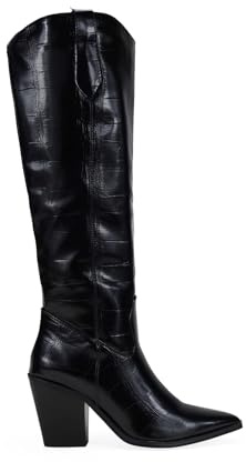 BOSANOVA Botas Camperas de caña Alta Estilo Cowboy para Mujer con Tiradores Laterales, Puntera Fina y tacón Ancho. Cierre con Cremallera Interior. Calzado para Mujer Negro 39