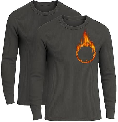 HiFEN 2 Pack Men’s Thermal Long Sleeve Top, Winter Warm Men Base Layer Long John T-Shirt, Adult Full Sleeve Thermal Charcoal