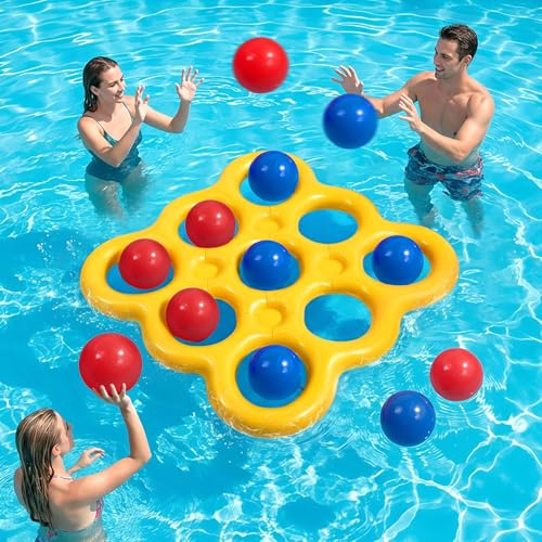 MoKo Tic-Tac-Toe vattenleksset för poolen, uppblåsbar simhjälpmedel med 10 bollar, spel för familjefester utomhustrand vuxna tonåringar barn 2–10 spelare, gul