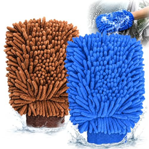 2 Pièces Gants Lavage Voiture, Gant De Lavage Microfibre Pour Voiture, Extra Absorbant, Anti-Rayures, Sans Peluches, IdéAl Pour Entretien Auto Et Nettoyage Auto ExtéRieur, Bleu Saphir + Marron Clair