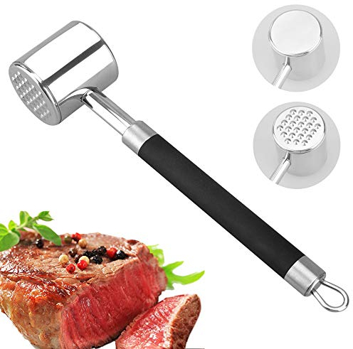 Robuster Metall-Fleischklopfer, doppelseitiger Edelstahl-Fleischklopfer, Hammer mit rutschfestem schwarzem Silikongriff, Fleischklopfer, Küchenwerkzeug für Steak und Grill, spülmaschinenfest