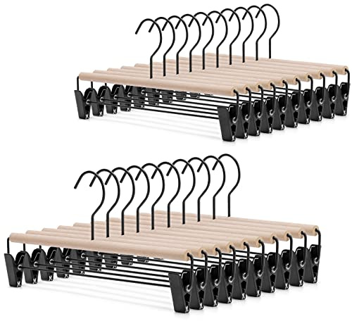 Nature Smile Deluxe Beech Wooden Pants Hangers Bottom Hanger Jeans Hanger Trousers Skirt Hanger with 2-Adjustable Black Matt Clips and Hook 20 Pack (Natural Wood+Black Metal)