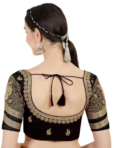Pujia Mills Camicetta da donna in seta pesante con ricamo di pavone Khatli lavoro con pietra lavoro readymade camicetta, nero, 38