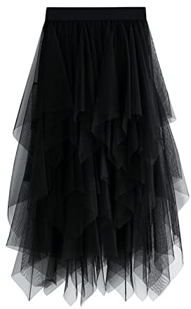 SotRong Women's Tulle Skirt Elastic High Waist Tiered Layered Mesh Ballet Prom Party Tutu A-line Midi Skirt Black