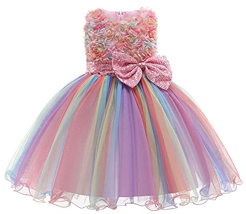 Girls Dress Rainbow Tulle Pegeant Princess Flower Girl Dress Sequin Bow Birthday Party Dress for Kids