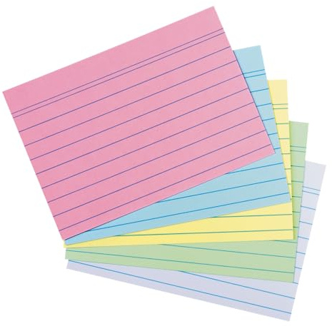 herlitz indexkort A7-linjerat, 40 stycken per färg: rosa, blå, grön, vit och gul, 170 g/m² träfria, 200 stycken, stabila indexkort för skola, studierum och kontor