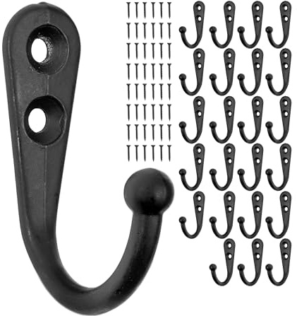 Your Day Mate Crochet à visser, 24 pièces, en noir, extérieur 42 x 27 x 13 mm, crochet simple avec vis à bois, boucle de vestiaire pour porte, salle de bain, cuisine, couloir, attache métallique DIY