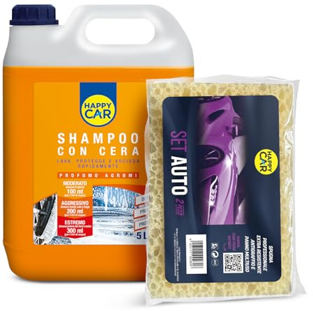 Happy Car Shampoo Auto con Cera 5L + Spugna Professionale - Lava, Lucida e Protegge la Carrozzeria con Effetto Autoasciugante - Formula Concentrata Contro Macchie e Sporco Ostinato (Profumo Agrumi)