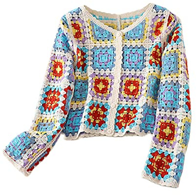 Cárdigan de punto de ganchillo con botones para mujer, suéter de manga larga con cuello en V, hueco, para playa, diseño floral, Cuadrado azul, Talla única