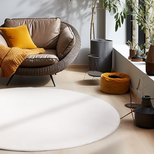 HomebyHome Kurzflor Teppich Wohnzimmer 160 cm Rund Creme - Waschbarer Teppich für Schlafzimmer, Esszimmer und Ideal als Küchenteppich - Flauschiger Teppich Extra Weich, Einfarbig, rutschfest, Modern