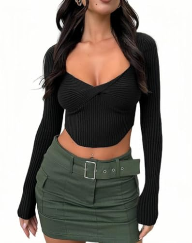 Rongseng T-Shirts à Manches Longues pour Femmes Sexy Crop Tops Côtelées Col en Cœur Slim Fit Haut Court Y2K Cropped Shirt Basic Tops Mignonnes Pulls Chemises Mode Décontracté Clubwear Streewear