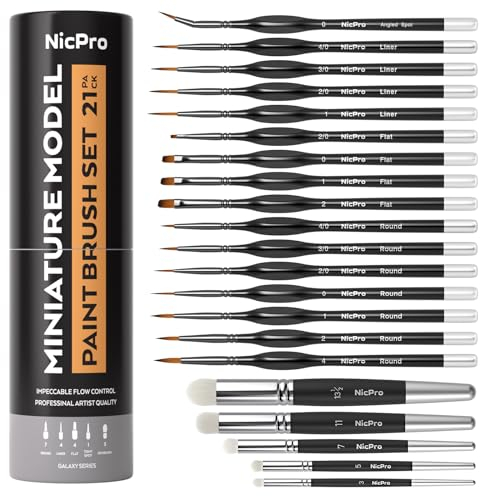 Nicpro Feine Pinselset Drybrush, 21-teiliges Miniatur Pinsel, Fein Detail Modellbau Malen Pinsel und Dry Brush für Acryl, Aquarell, Malen nach Zahlen, Modell, Figur, pinselset acrylfarben mit Behälte