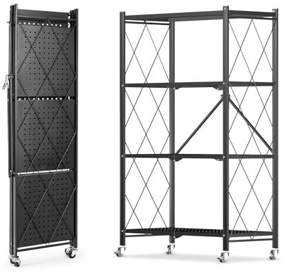Matomn Klappbares Regal mit Rollen Küchenregal stehend 4 Etagen Standregal Metallregal Schwarz 71x34x121cm Klappbares Regal Lagerregal für die Küche Büro Wohnzimmer 1 Set