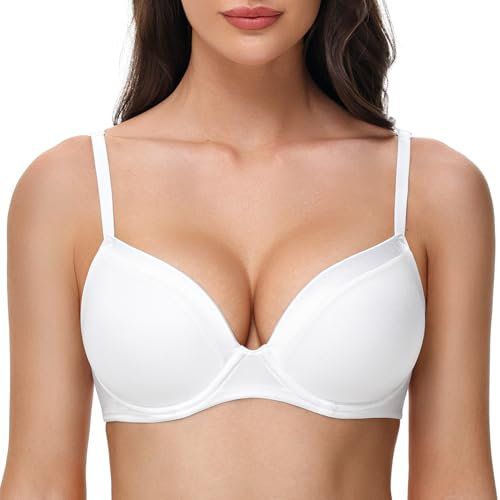 Deyllo Women's Push Up T Shirt Bras Deep V Add One Cup Full Coverage Lightly Padded Bra Seamless Underwire(White,34F)