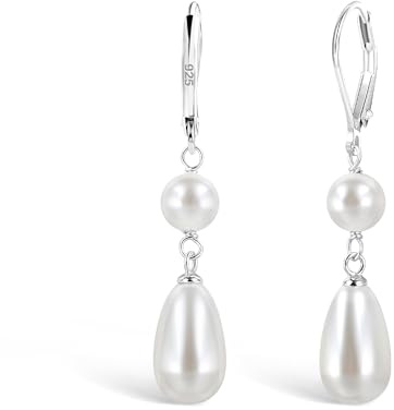 ALEXCRAFT Pendientes de Perlas, Pendientes de Aro de Plata 925, Pendientes de Perlas Barrocas Blancas, Elegante, Hipoalergénicos, Vintage, Regalo de Joyería para Mujeres y Niñas