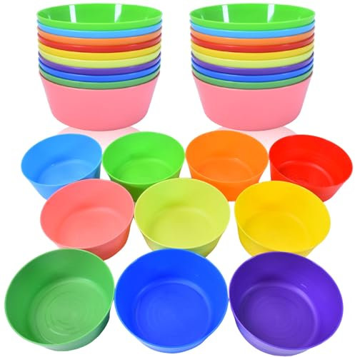 Hikrxya Juego de 30 Cuencos de Plástico Reutilizables - 300ml 10 Colores Tazones de Plástico Irrompibles para Fiestas Infantiles Fruta Sopa Cereal - Aptos para Lavavajillas y Microondas