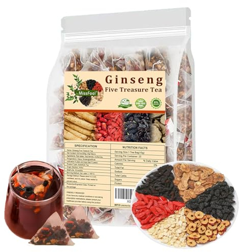 Ginseng Five Treasure Tea, Kidney Tea Formula Ginseng Six Treasure, Natural kidney Detox tea for Men&Women, Organic Chinese Herbal, 6 Precious Ingredients Formula (1 Bag 25 Pcs)