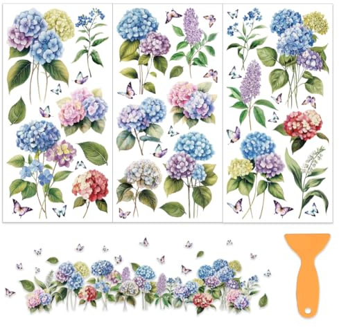 OLYCRAFT Juego de 3 adhesivos de transferencia de flores de hortensias para muebles y manualidades, 15 x 30 cm, calcomanías de transferencia para muebles de madera, decoración del hogar
