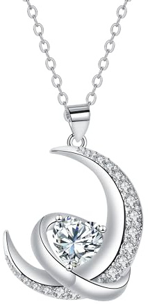 J.MUEN Lune Collier en Forme de Coeur Collier Pendentif Lune en Argent Sterling 925 Cadeau Bijoux Anniversaire Saint Valentin pour Femme, Femmes, Maman, Filles