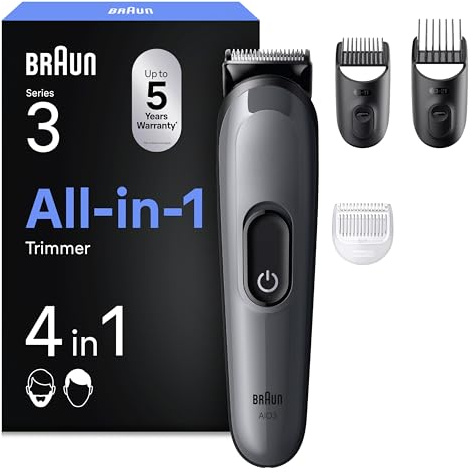 Braun Rifinitore All-In-One Series 3 AIO3500, Rasoio Elettrico 4In1, Lama Ultra Affilata A Vita, 14 Lunghezze, 50 Min Autonomia, Per Viso E Capelli, Grigio