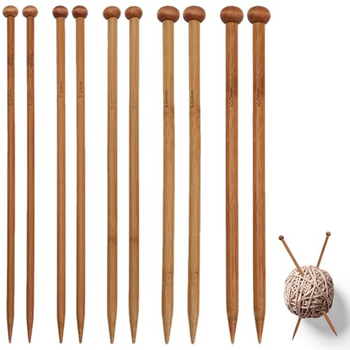 10 Pcs Bamboo Knitting Needles Set (6/7/8/9/10mm x 25cm) Single Pointed Lightweight Thick Wooden Needles Knitting Pins for Beginners DIY Handmade Wool Blanket Sweater Scarf Crochet