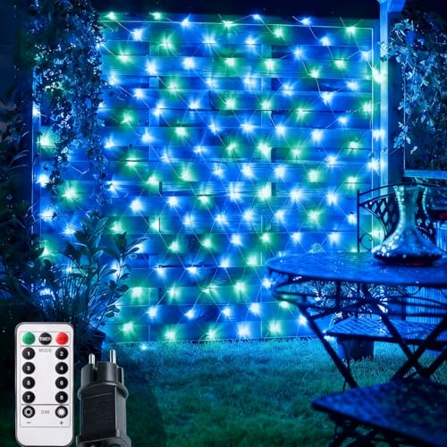 FZIFZI Guirlande Lumineuses Filet, 208 LED Filet Lumineux 3M X 2M 8 Modes Énergie Étanche, Dimmable pour Chambre Noël Mariage Soirée Maison Jardin, Bleu et Vert