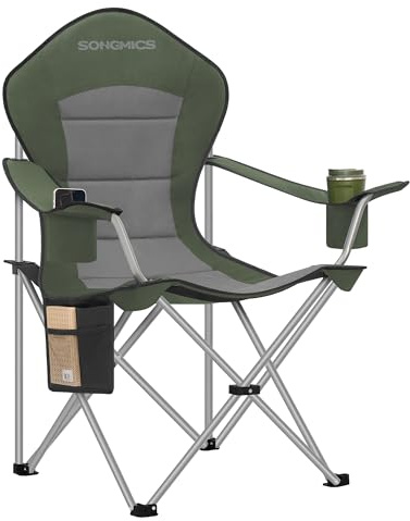 SONGMICS Campingstol, hopfällbar, klappstol, bred sits, högt ryggstöd, utomhusstol, bärbar, utomhusstol, med mugghållare, mobilhållare, tygorganisatör, grön-grå GCB005CD01