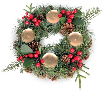 Gartenpirat Ghirlanda natalizia artificiale, Ø 30 cm, per candele vere, corona dell'Avvento, decorata con coni e bacche rosse