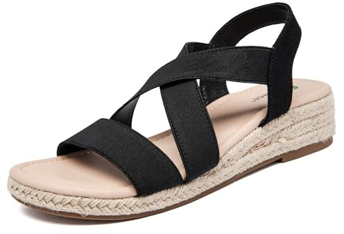 Ataiwee Sandales compensées à plateforme pour femmes,Sandales compensées espadrilles d'été décontractées avec bride de cheville élastique et bout ouvert,Noir,39 EU,2507003