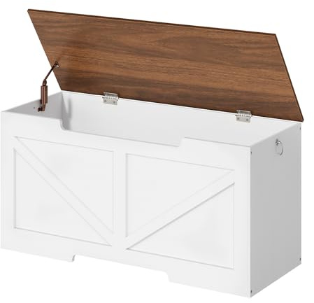 HOOBRO Cassapanca, Panca Contenitore per Bambini, con Cerniere di Sicurezza, Grande Piano, Manico Incorporato, Poggiapiedi, Baule per Giocattoli, Sgabello, 100 cm, Bianco e Noce EWH771CW01G1