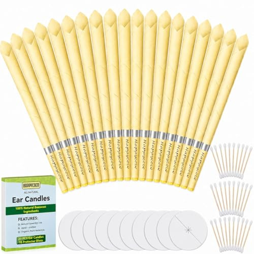 Ear Candles, Happycoco Hopi Ear Candles All Natural Beeswax Canding Cones Ear Wax Remover Candles 100% Non-Toxic Cylinders Fragrance Hollow Cone Candles with(8 Colours)+8 Disks (Yellow-10 Pairs)