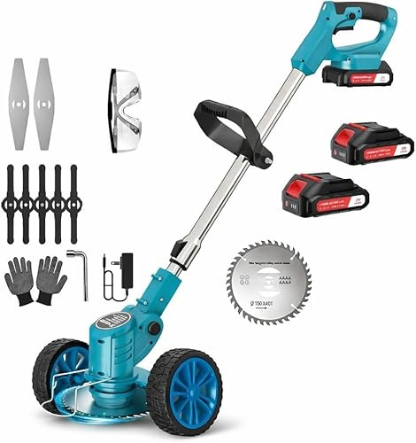 Decespugliatore a Batteria 48V max con Ruote, Tagliabordi Elettrico Multifunzione, 2 Batterie Incluse, Altezza Regolabile 90-120cm, Testina Orientabile 90°, Leggero, Ideale per Prato, Erbacce e Rovi