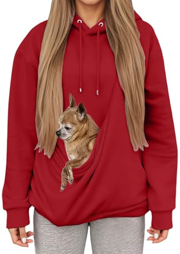 Sweat à Capuche Femme avec Grande Poche Kangourou Fonctionnelle,Pull de Transport pour Chat et Chien,Sweatshirts pour Amoureux des Animaux domestiques (Red, XL)