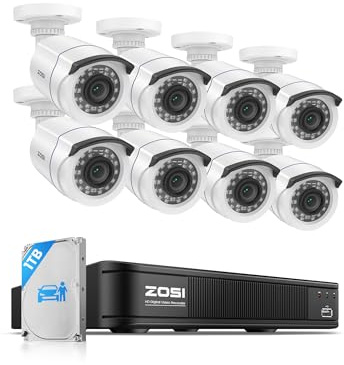 ZOSI H.265+ Home Security Camera System with AI Human Vehicle Detection, 5MP 3K Lite 8 Channel CCTV DVR Recorder and 8 x 1080p Weatherproof Bullet Camera Outdoor Indoor, 80ft Night Vision, 1TB HDD