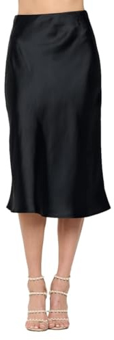 LK Luv Jupe midi Unie Taille Haute Soyeuse décontractée en Satin élastique – Fabriquée aux États-Unis (Grandes Tailles Disponibles), Noir, Taille M
