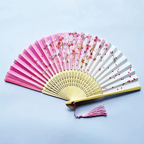 Yukiyi Abanico plegable de mano para mujer, abanicos plegables de bambú con borla, tela de seda, decoración de pared, boda, fiesta (flor rosa)