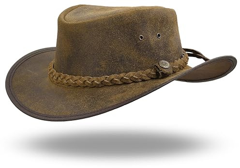 Sidewinder Austrailian Genuine Leather Western Style Cowboy Hat Wide Brim Real Water Resistant Outback Vintage (US, Alpha, Large, Tan)