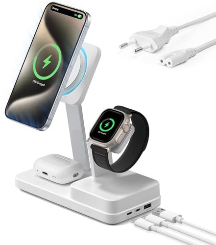 ESR Stazione di Ricarica GaN 100W con CryoBoost 6-in-1, Adatto alla Ricarica MagSafe, Caricatore Wireless Magnetico per iPhone 17e/17/16/15/14, Apple Watch, AirPods 4/3/2/Pro e dispositivi USB-C/A