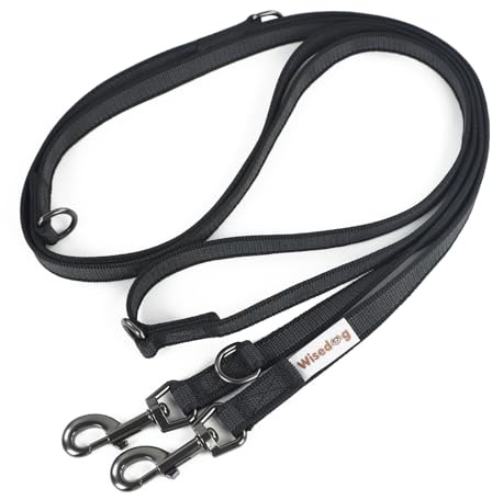 Wisedog 3 m svart dubbelavslutad gummerad hundkoppel lätt halkskydd handsfree bly för hund för promenader löpning camping
