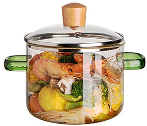 Tydliga kastruller för matlagning, glaskokkärl, 1,6 l dubbelhandtag, klar gryta, mikrotvättbart glas, kastrull, värmebeständig, glaskrukor för matlagning av soppa, mjölkgröt, grönt handtag