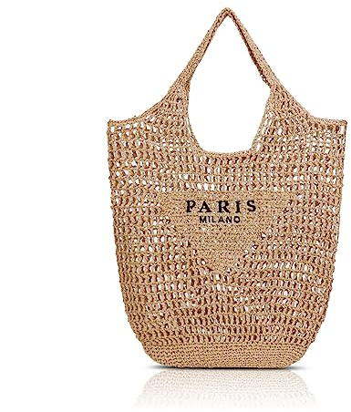 Stroh Strandtasche für Frauen Paris Milano Strohsack Strandtaschen Schultertasche Sommer handgewebte Tote Bags Geldbörse für Damen Beuteltasche (Khaki)