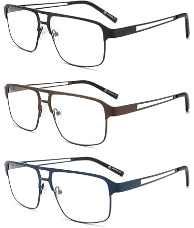 MODFANS 3 Paire de Lunettes de Lecture 0.5 Homme Anti Lumiere Bleue - Monture Rectangle en Metal Acier Inoxydable Lunettes Loupe Noir-Bleu-Marron
